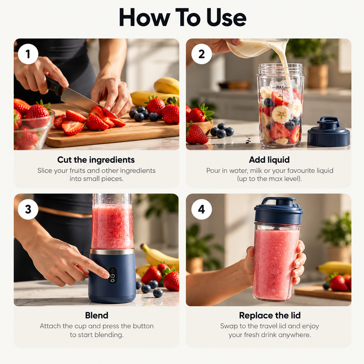 Illustrated steps for using the portable blender
